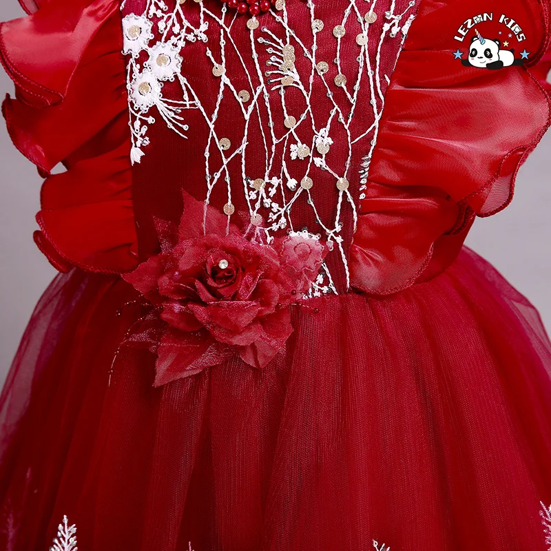 LEZONKIDS - Vestido de renda floral sem mangas personalizável e quente para meninas, ODM, para crianças, festa, para 2-14 anos, com decoração de laço